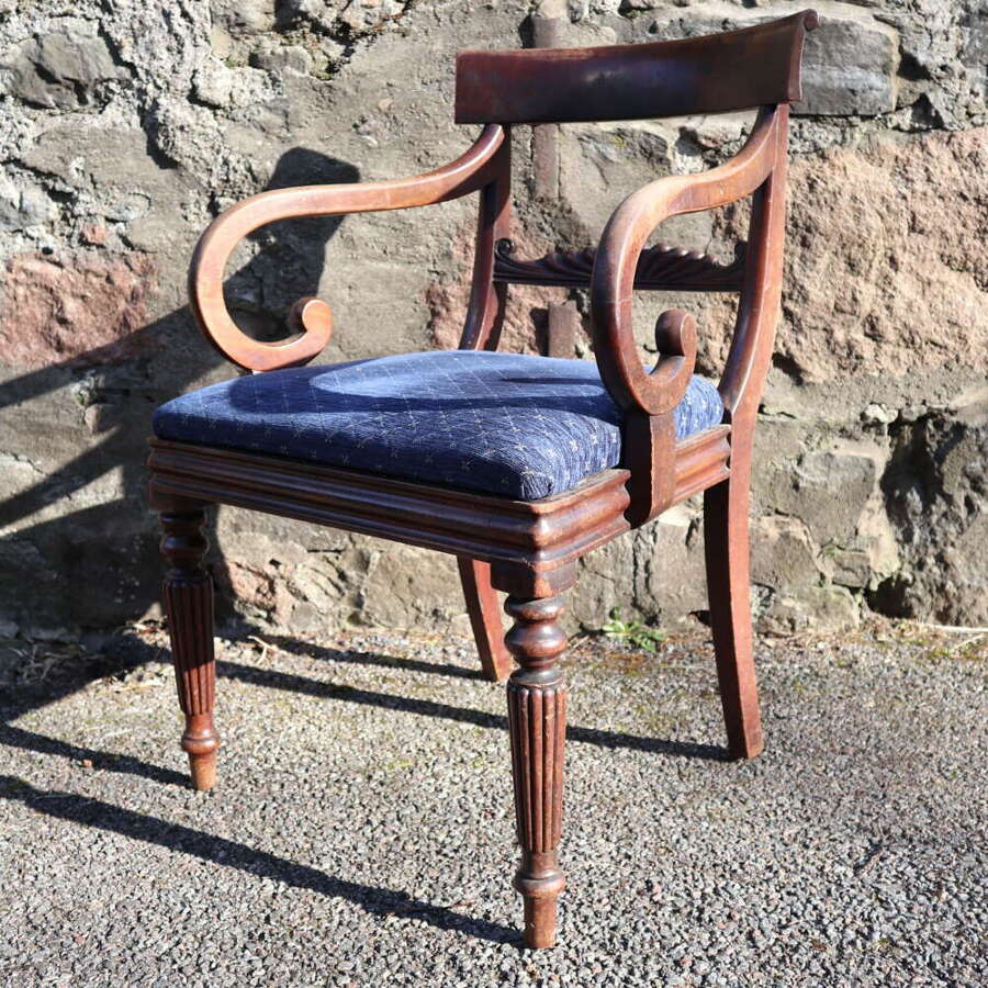 19th Century Regency Trafalgar Scroll arm armchair blue upholstery c.1820-30
