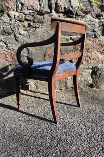 19th Century Regency Trafalgar Scroll arm armchair blue upholstery c.1820-30