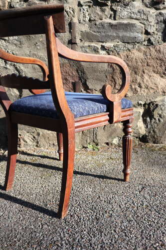 19th Century Regency Trafalgar Scroll arm armchair blue upholstery c.1820-30