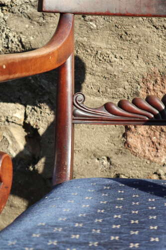 19th Century Regency Trafalgar Scroll arm armchair blue upholstery c.1820-30