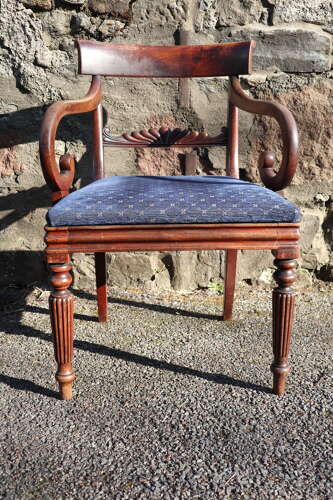 19th Century Regency Trafalgar Scroll arm armchair blue upholstery c.1820-30