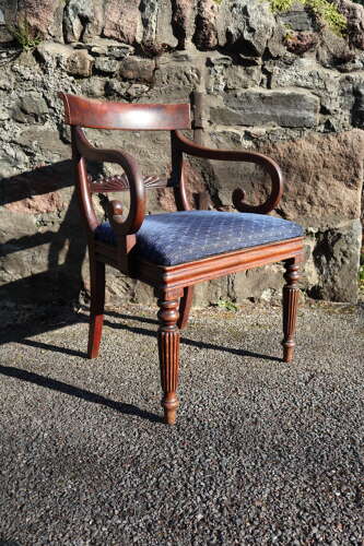 19th Century Regency Trafalgar Scroll arm armchair blue upholstery c.1820-30