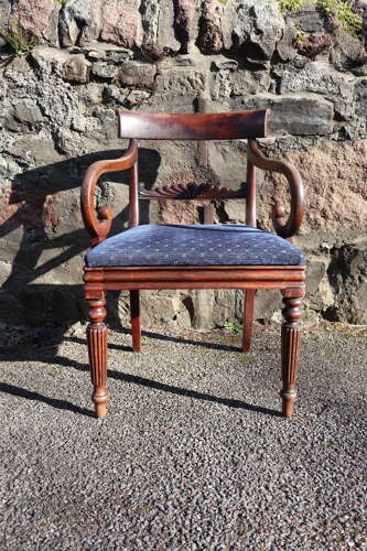 19th Century Regency Trafalgar Scroll arm armchair blue upholstery c.1820-30