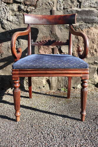19th Century Regency Trafalgar Scroll arm armchair blue upholstery c.1820-30