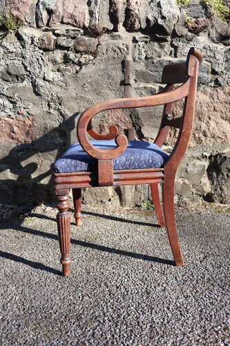 19th Century Regency Trafalgar Scroll arm armchair blue upholstery c.1820-30
