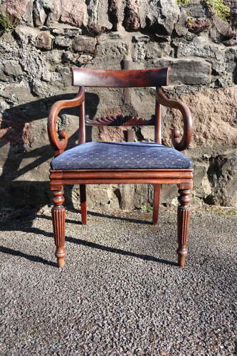 19th Century Regency Trafalgar Scroll arm armchair blue upholstery c.1820-30