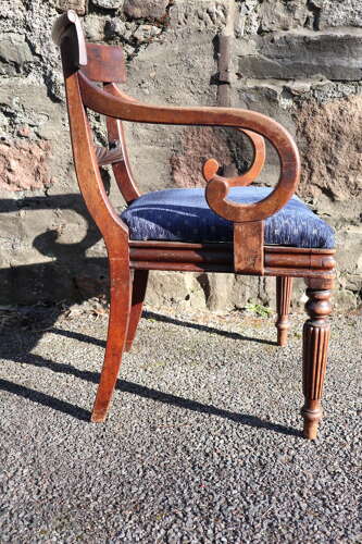 19th Century Regency Trafalgar Scroll arm armchair blue upholstery c.1820-30