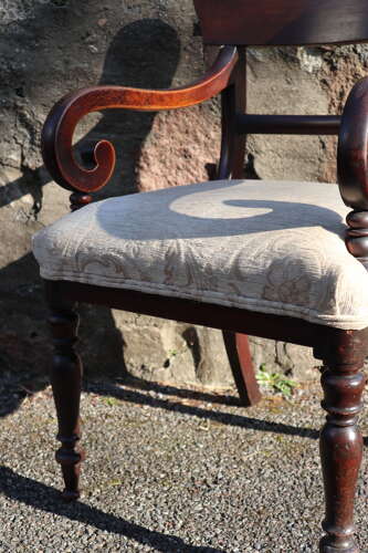 19th Century vernacular Regency Trafalgar scroll armchair cream upholstery c.1820-40