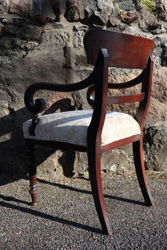19th Century vernacular Regency Trafalgar scroll armchair cream upholstery c.1820-40