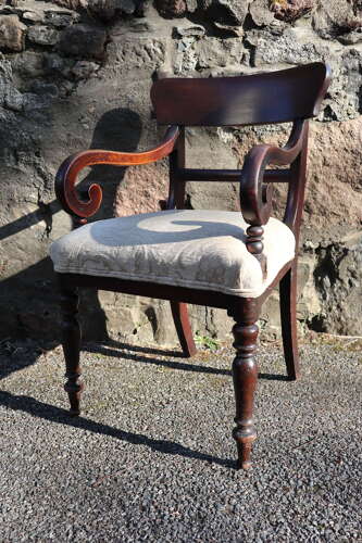 19th Century vernacular Regency Trafalgar scroll armchair cream upholstery c.1820-40