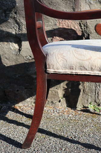 19th Century vernacular Regency Trafalgar scroll armchair cream upholstery c.1820-40