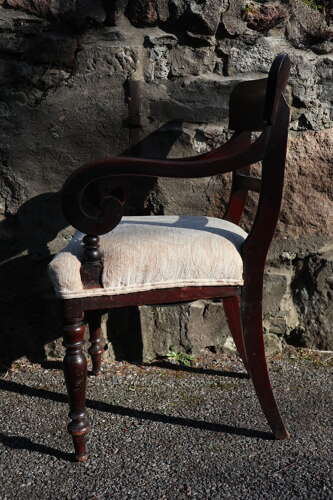 19th Century vernacular Regency Trafalgar scroll armchair cream upholstery c.1820-40
