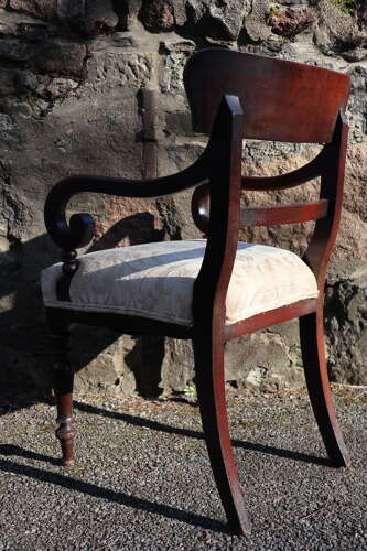 19th Century vernacular Regency Trafalgar scroll armchair cream upholstery c.1820-40