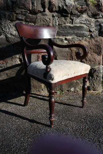 19th Century vernacular Regency Trafalgar scroll armchair cream upholstery c.1820-40