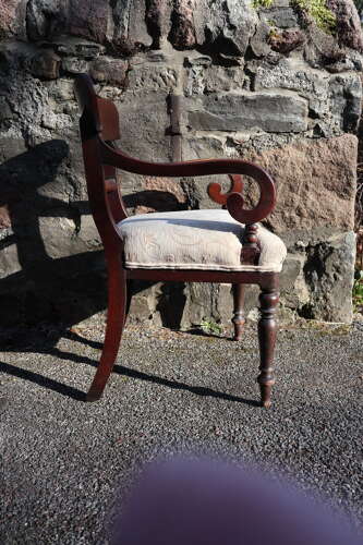 19th Century vernacular Regency Trafalgar scroll armchair cream upholstery c.1820-40