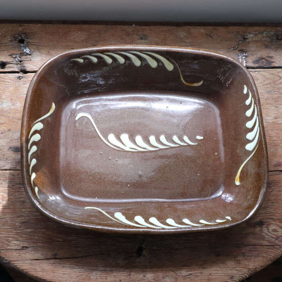 Antique Victorian Scottish earthenware rectangular slipware pottery baking dish