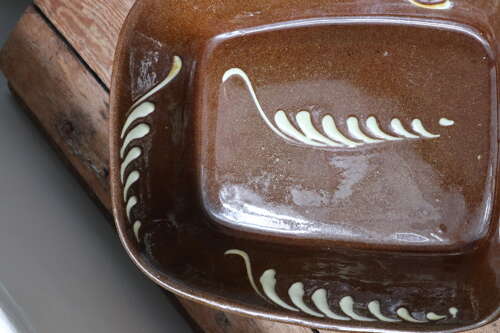 Antique Victorian Scottish earthenware rectangular slipware pottery baking dish