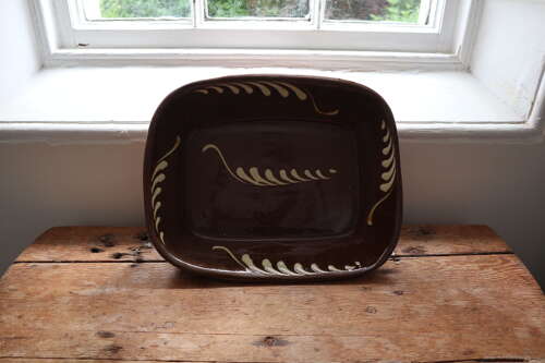 Antique Victorian Scottish earthenware rectangular slipware pottery baking dish