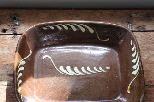Antique Victorian Scottish earthenware rectangular slipware pottery baking dish