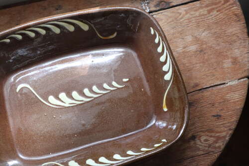 Antique Victorian Scottish earthenware rectangular slipware pottery baking dish