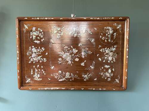 Edwardian Chinoiserie mother of pearl inlaid marquetry rectangular opium tray c.1900