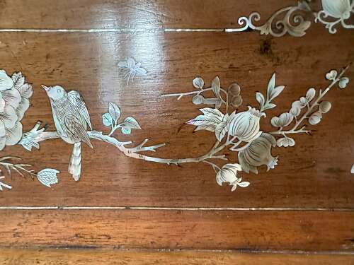 Edwardian Chinoiserie mother of pearl inlaid marquetry rectangular opium tray c.1900