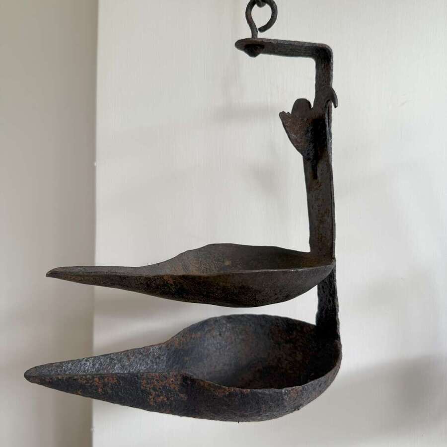 19th Century Scottish vernacular large Cruisie double pan oil lamp