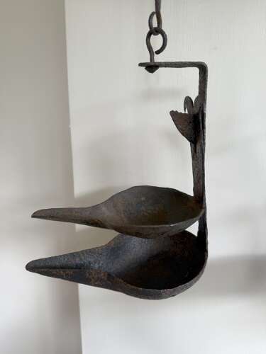 19th Century Scottish vernacular large Cruisie double pan oil lamp