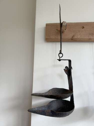 19th Century Scottish vernacular large Cruisie double pan oil lamp