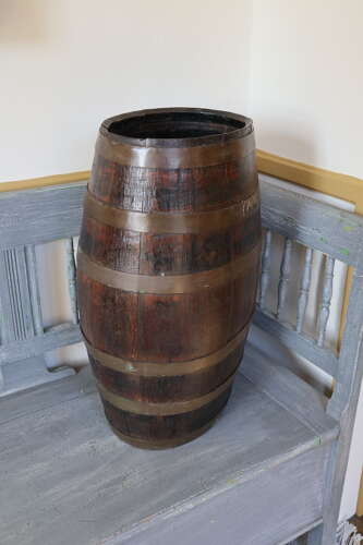 Scottish Oval shaped Oak coopered & brass bound barrel, stick stand c.1860.